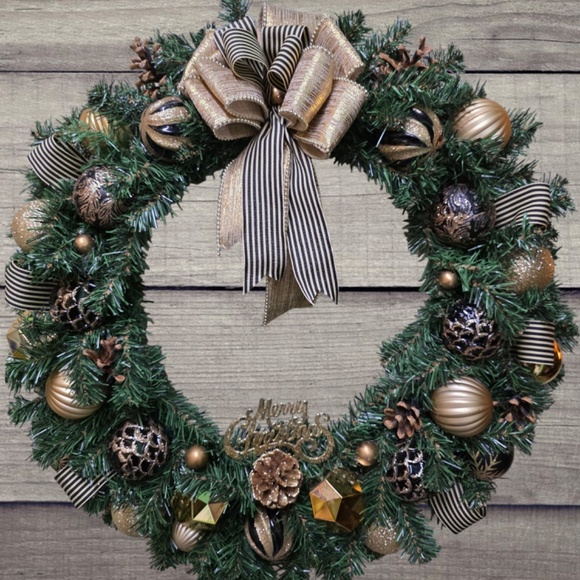 Christmas Holiday Gold/ Black Decorated Classic Large Winter Front Door Wreath - Picture 2 of 9